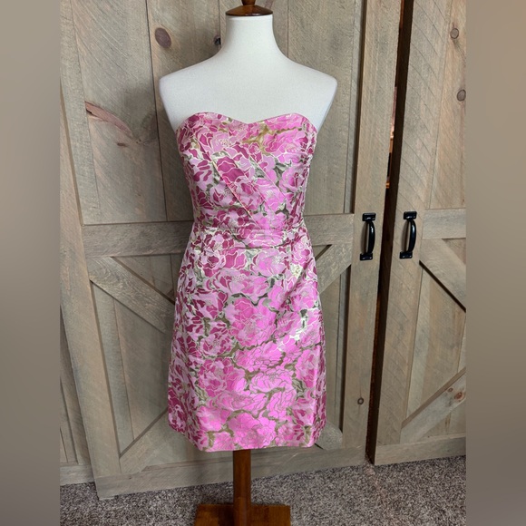Lilly Pulitzer Raya pink and gold strapless silk blend dress Size 6 - Picture 2 of 13